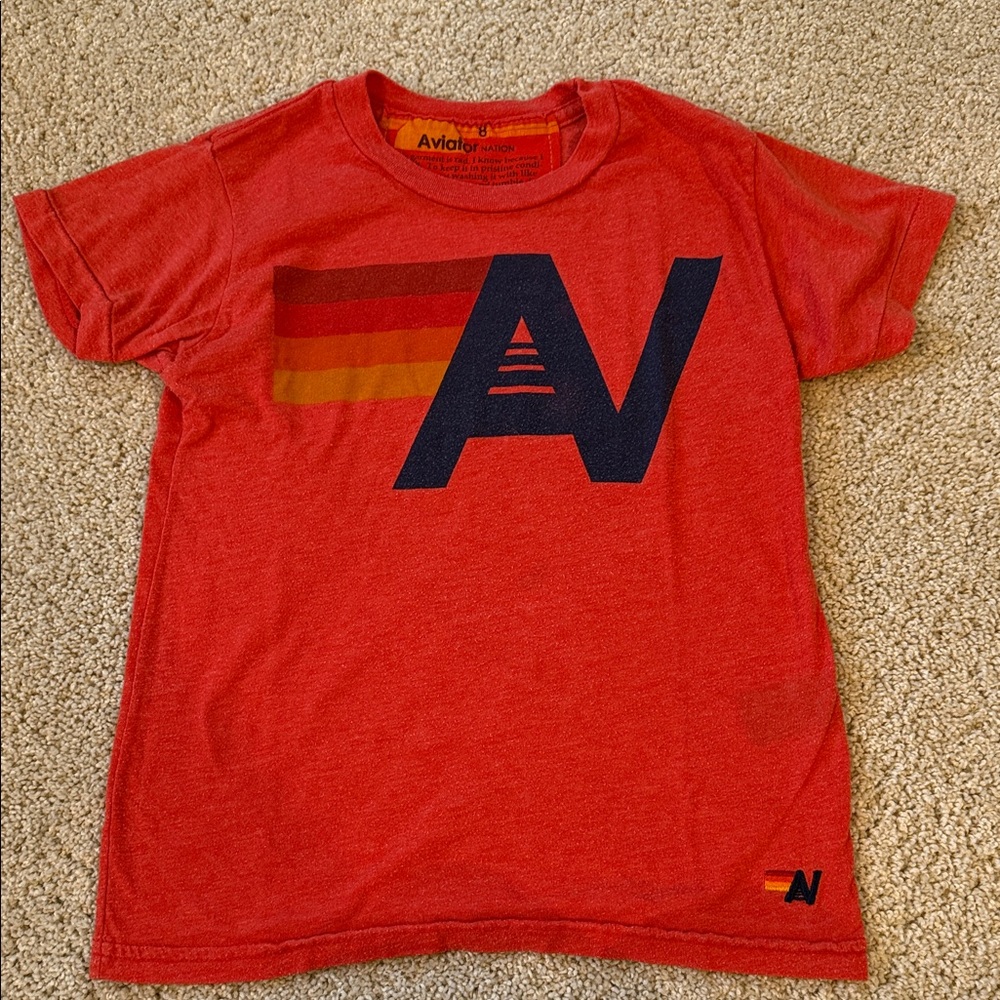 Aviator Nation Kids Red Tee with Navy Logo and Retro Stripes, size 8